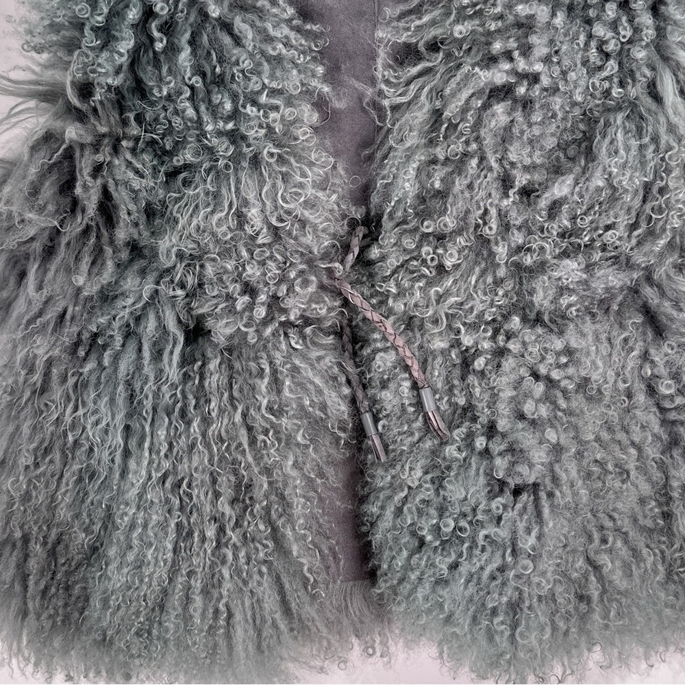 Curly Mongolian Lamb Fur Suede Tie Front Vest Blue Gray M - Picture 3 of 11
